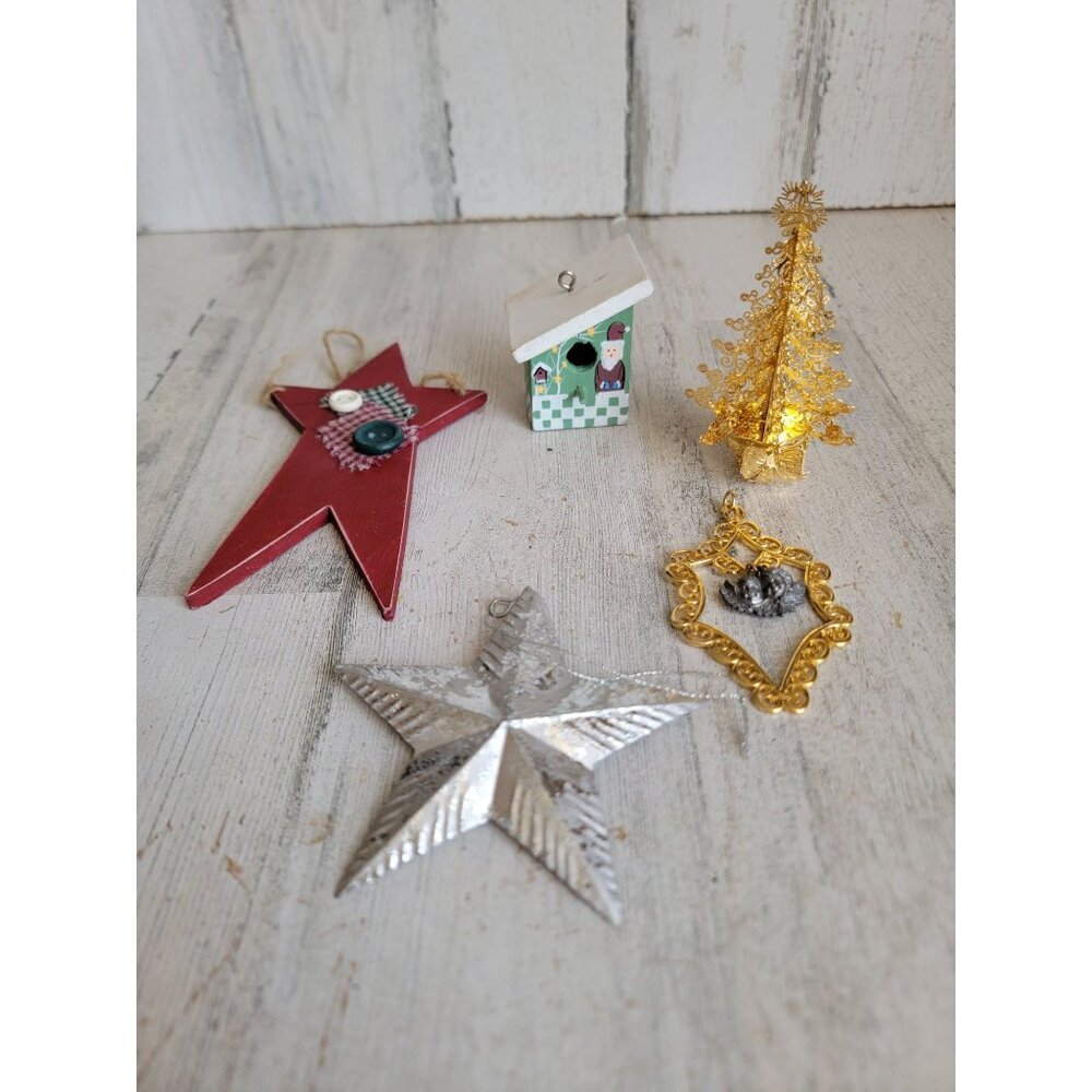 Vintage star tree golden trim variety ornament Xmas set birdhouse‎